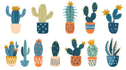 A stunning collection of cactus and succulent illustrations in decorative pots, perfect for design, print, and web projects. These handdrawn images are vibrant and full of artistic charm