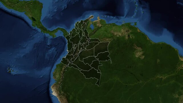 Zoom from Earth to Colombia. (with Provinces) World map animation with highlighted borders of countries. Images from NASA