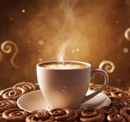 coffee cup with hot and cinnamons on table