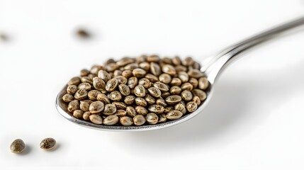32. "A detailed image of a spoonful of hemp seeds isolated against a clean white backdrop, highlighting their protein and omega-3 content
