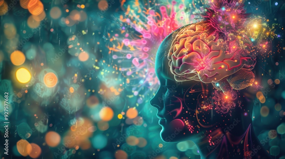 Poster stylized human profile with a brain that is vividly illuminated and surrounded by a burst of colorfu