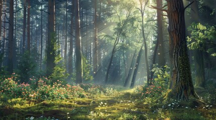 Obraz premium silent forest spring , photorealistic forest , high detail forest , spring forest sun rays