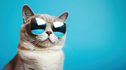 A white cat wearing sunglasses against a blue background, creating a stylish and playful visual