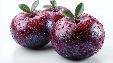 Fototapeta premium Three red plums with water droplets and green leaves on a white background.