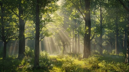 silent forest spring , photorealistic forest , high detail forest , spring forest sun rays