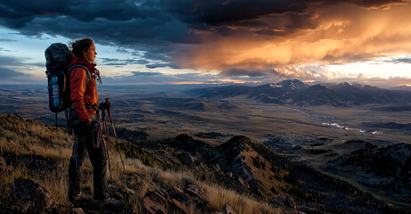 Female hiker pausing on a rise near sunset to look out at the wilderness scenery landscape, mountains colorful clouds in the sky while hiking, dramatic panoramic view