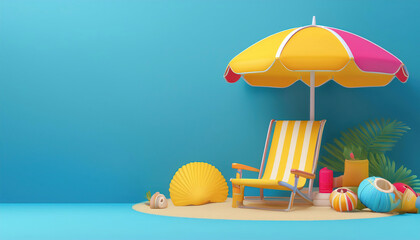 Summer vacation theme with a beach umbrella and travel accessories on a light blue background, for holiday themes with copy space.