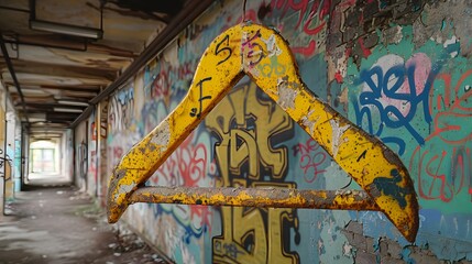 Rusty Yellow Hanger Hanging in a Graffiti Covered Hallway.