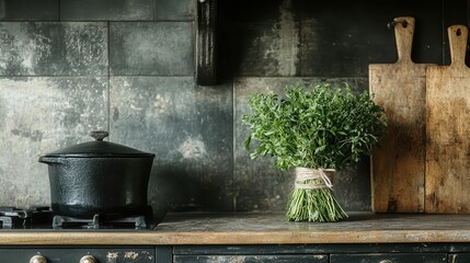 A charming kitchen scene with a bundle of fresh herbs tied with twine, captured in a nostalgic,...