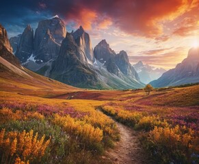 Fototapeta premium mountain landscape with flowers and path leading to the top