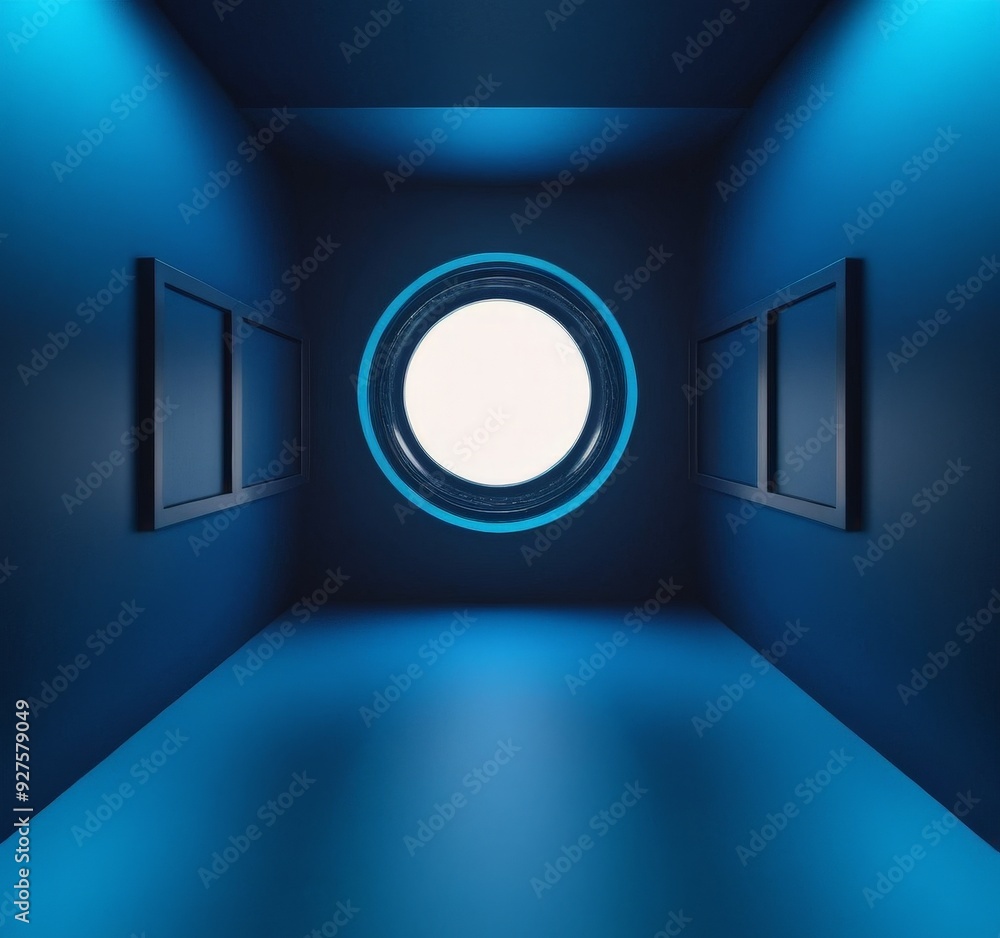 Poster dark room with round window and light coming from the inside