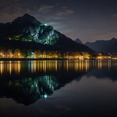 reflection of the lights and the mountain in a lake captured in parco ciani, lugano, switzerland