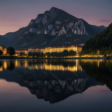 reflection of the lights and the mountain in a lake captured in parco ciani, lugano, switzerland