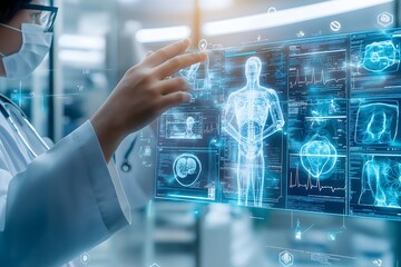 Doctor interacts with futuristic medical interface