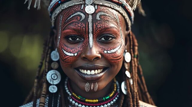 Native American lady in East Africa Put on a headpiece, tattoo your face, and paint it.