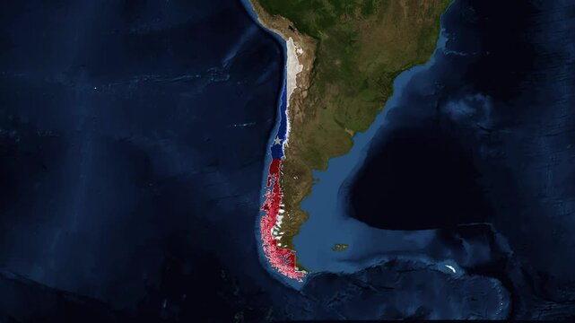 Zoom from Earth to Chile. (Country Flag) World map province animation with highlighted borders of countries. Images from NASA