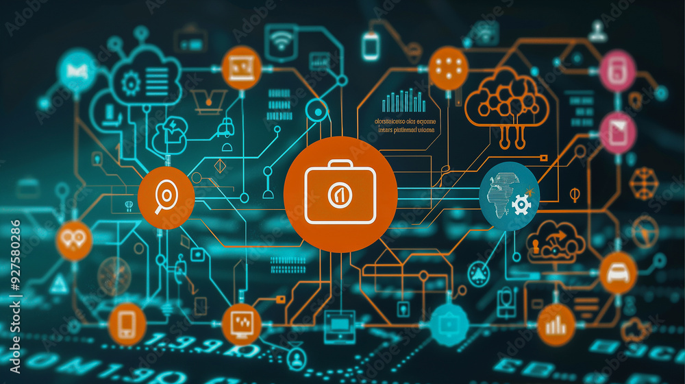Poster futuristic digital network with business and technology icons..