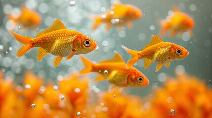 Group of Goldfish Swimming in Clear Aquarium with Bokeh Background..