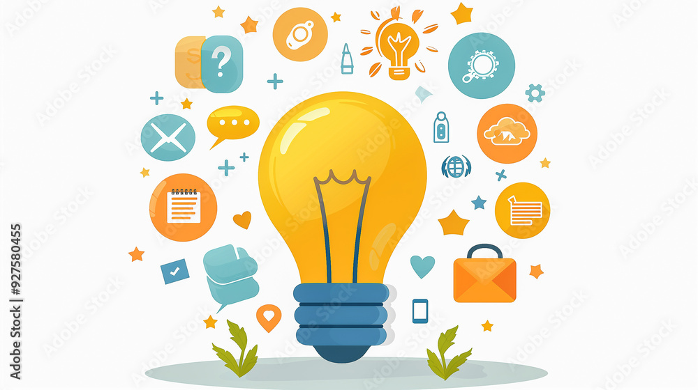 Poster creative lightbulb with icons representing ideas and innovation..