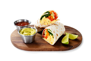 Homemade breakfast egg burrito with fresh vegetables and different sauces for healthy vegetarian breakfast. isolated on white background