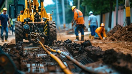 Naklejka premium An operator using a trencher machine to lay utility lines, with a team of workers monitoring progress