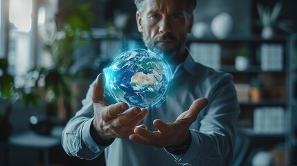 A confident CEO in a modern office holding a holographic image of the Earth with digital data overlays showing environmental and business analytics