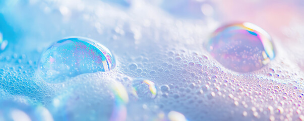 Close up with soap foam and bubbles made of shampoo, lotion, detergent. Banner with copy space for laundry, cleaning services, beauty, skin care