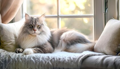 A long-haired cat lounging on a window seat with cushions, colors soft grays and whites. Fluffy Gray Cat Napping on a Cozy Window Seat. 3