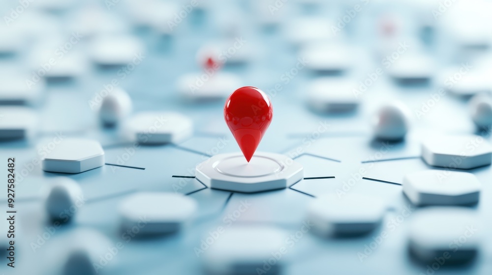 Poster a close-up of a 3d red location pin amid white hexagonal shapes, representing navigation, gps, or lo