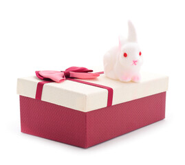 Toy rabbit on gift box isolated.