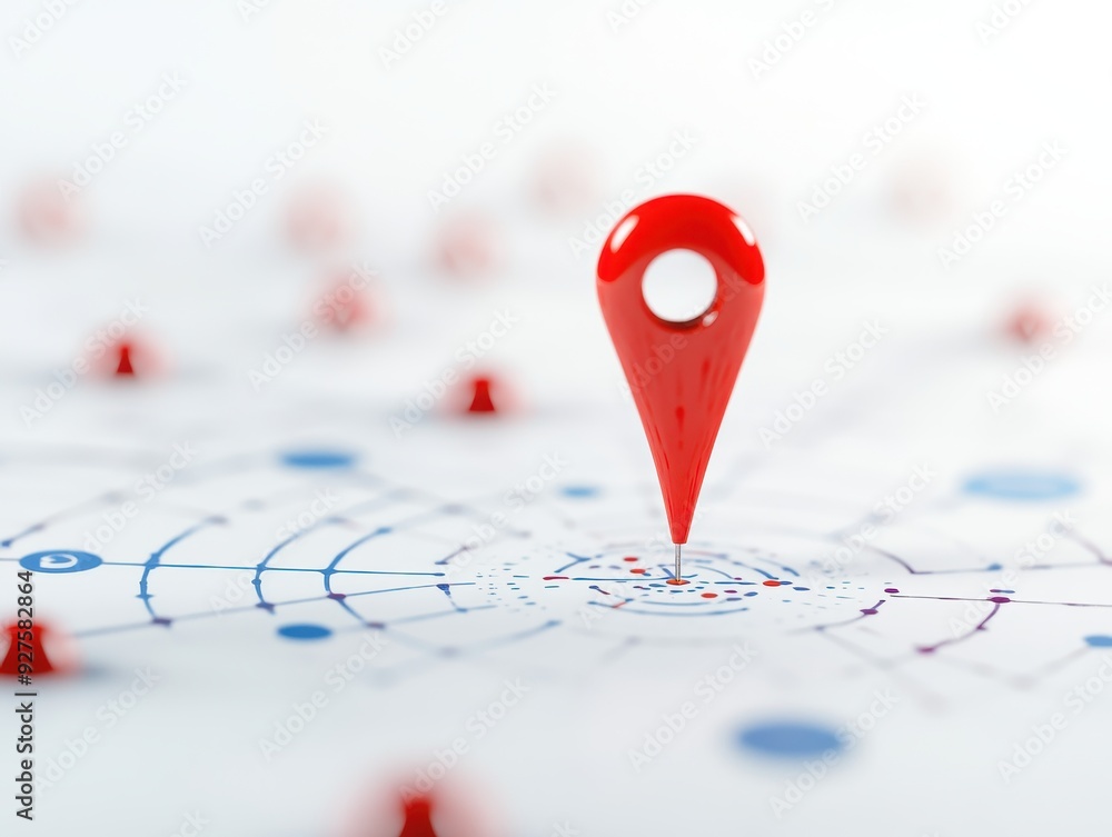 Poster Red location pin on white background representing navigation and positioning, ideal for concepts related to technology and geography.