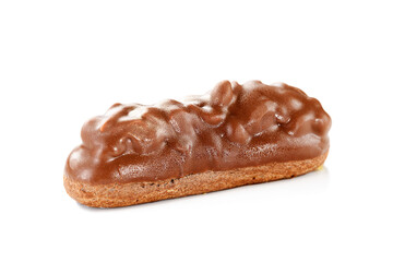 Beautiful french eclair with chocolate and nuts filling isolated on white background