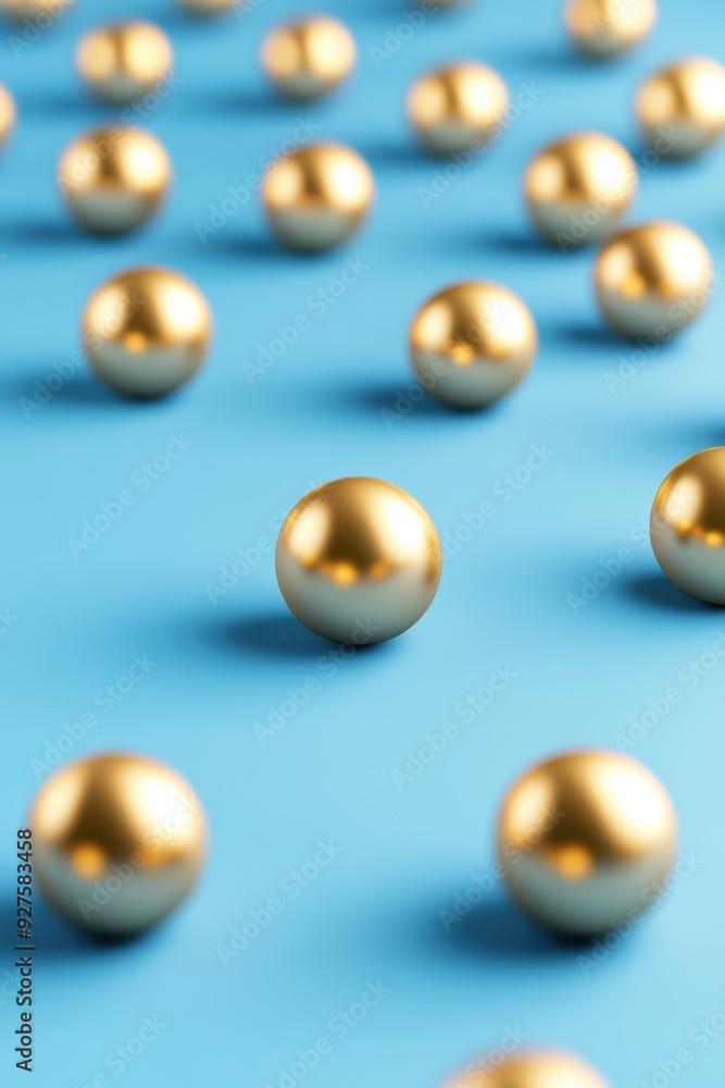 Poster multiple golden spheres arranged diagonally on a blue background, creating a modern and minimalistic