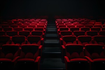 Fototapeta premium Red cinema or theater seats in dark room. Background with rows of chairs for audience, movie and theatre concept.