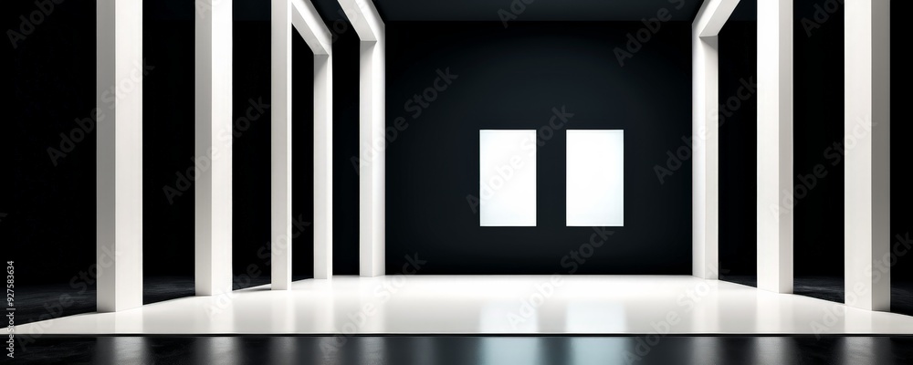 Poster empty black room with white columns and light from the window