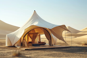 Luxurious Desert Glamping Tent Amidst Dunes with Elegant Furnishings and Serene Landscape