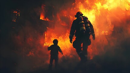 Fototapeta premium Heroic Firefighters Rushing to Rescue a Child from Burning Building