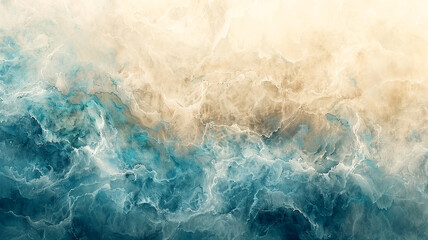 Abstract representation of turbulent ocean waves at dawn with soft color gradients