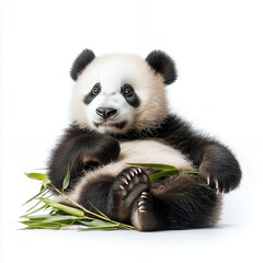 A cute baby panda sits on a white background with a bamboo branch.