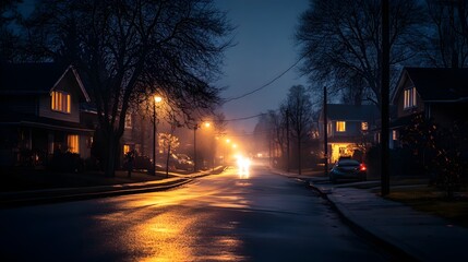 Illuminated Street During Nighttime Power Outage in Residential Neighborhood