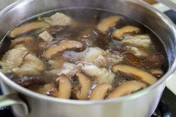 Delicious and nutritious soup, made with pork bones, shiitake mushrooms.