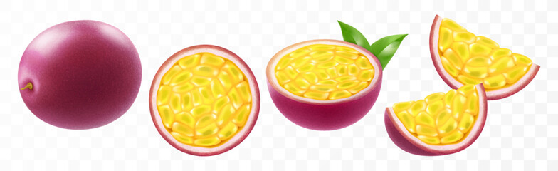 Passion fruit. whole fruit, half and sliced isolated on transparent background. Set of ripe passion fruit or passiflora edulis for package design. Realistic 3d Vector illustration of tropical fruits.