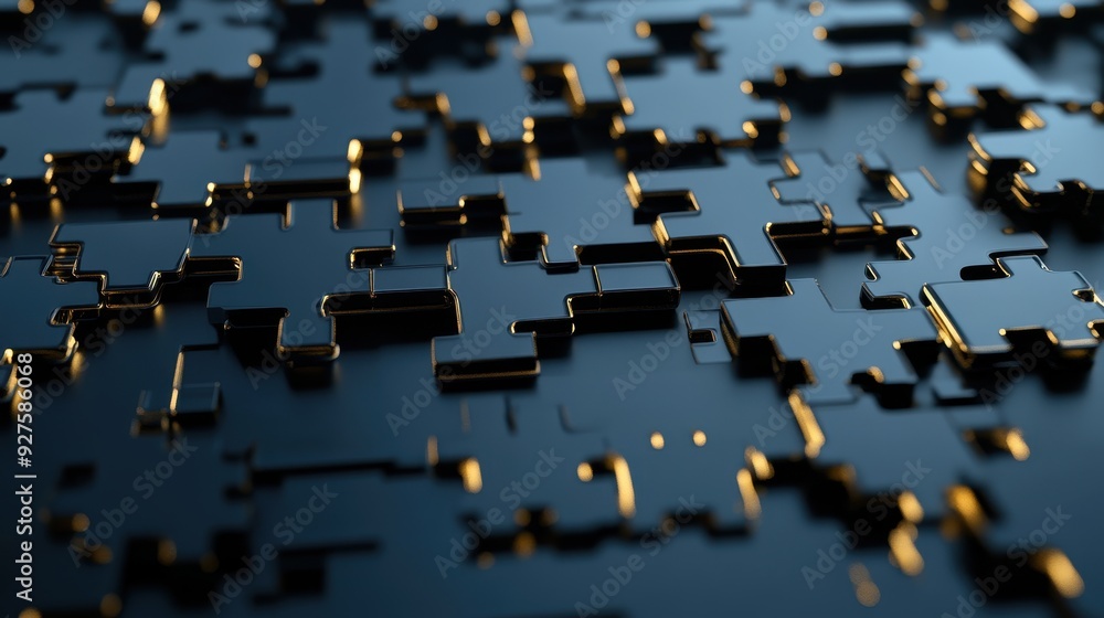 Poster abstract ing of a futuristic, geometric puzzle-like surface with illuminated gold edges on a dark ba