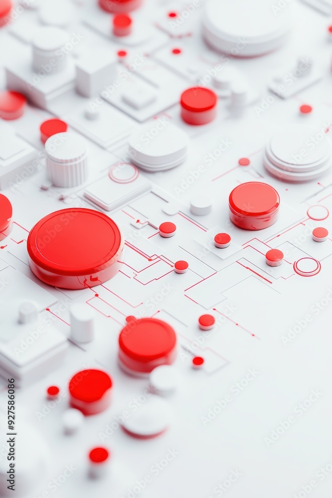 Aufkleber Abstract illustration with red and white circuits and geometric shapes. Modern technology background with depth and detail.