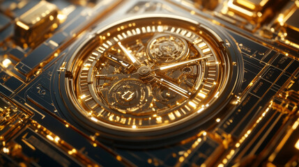 Obraz premium A close-up view of an intricate golden clockwork mechanism, symbolizing precision, time management, and luxury in design.