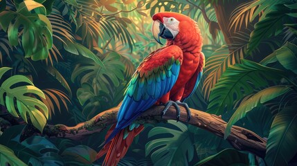 In the lush depths of the tropical jungle, a majestic macaw perches proudly amidst a canopy of vibrant foliage