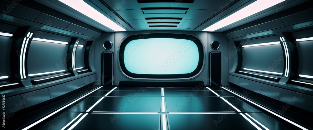 Poster futuristic spaceship with blue light coming from the window