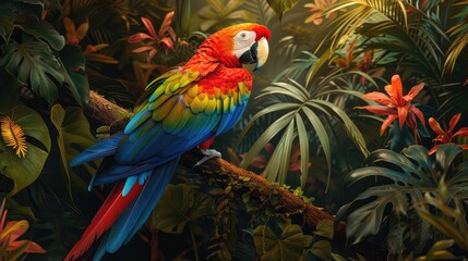 In the lush depths of the tropical jungle, a majestic macaw perches proudly amidst a canopy of vibrant foliage