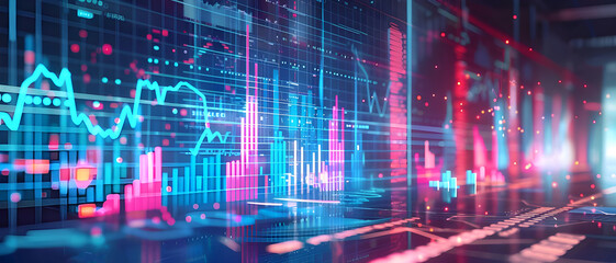 Obraz premium Vibrant digital display showcasing financial data analysis with dynamic graphs, charts, and statistics in a high-tech environment.