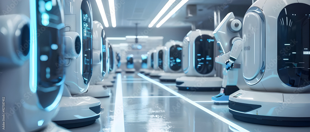 Aufkleber A cutting-edge robotics lab featuring advanced machines, robotic units, and a high-tech environment, representing futuristic technology and innovation.